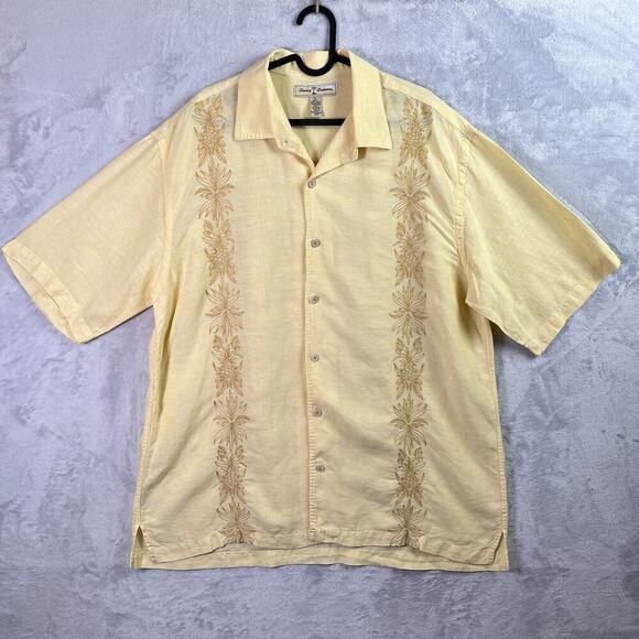 Tommy Bahama 100% Linen Shirt Men's XL Yellow Button Up Embroidered Floral - Picture 1 of 12